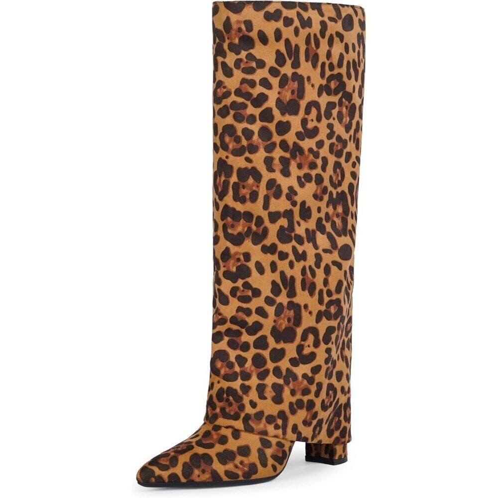 Women Suede leopardFaux Leather Fold Over Knee High Chunky High Heels Boot